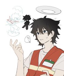  !? 3boys an_(xiaohongshu) black_eyes black_hair broken_egg chinese_commentary commentary_request dark_persona eggshell false_memory floating ghost glowing guan_chao_(false_memory) halo he_mingshuo high-visibility_clothing high-visibility_vest highres holding holding_stick id_card jacket looking_at_another male_focus multiple_boys multiple_persona no_eyes open_clothes open_jacket pants shirt short_sleeves silhouette simple_background smile speech_bubble stick sweatdrop tear_troughs vest white_background white_jacket white_pants white_shirt 