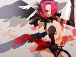  1girl apon bare_shoulders breasts energy_sword gauntlets hair_over_one_eye head_wings impossible_clothes looking_at_viewer magic navel orange_eyes redhead skin_tight sword weapon wings 