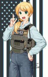  1girl absurdres american_flag american_flag_background blonde_hair body_armor commentary dated denim dress_shirt edward_y_brad ellen_baker english_commentary green_eyes highres jeans looking_at_viewer low_ponytail new_horizon pants ponytail shirt solo united_states_immigration_and_customs_enforcement 