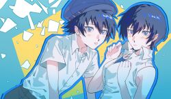  2girls alternate_costume androgynous black_pants blue_background blue_eyes blue_hair blue_outline blue_shirt buttons closed_mouth collared_shirt double-parted_bangs earrings from_side hair_between_eyes hands_up hat highres jacket jewelry laoshide_yabo_741 leaning_back leaning_forward light_blush looking_at_viewer multiple_girls necklace newsboy_cap official_alternate_costume open_collar outline pants parted_lips persona persona_4 shirogane_naoto shirt short_hair short_sleeves sidelocks simple_background sleeveless two-tone_background two-tone_outline upper_body white_shirt 
