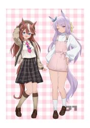  2girls animal_ears beret black_skirt blush bow brown_hair brown_jacket brown_socks closed_mouth collared_shirt commentary ear_bow hair_between_eyes hat highres horse_ears horse_girl horse_tail jacket jtleeklm long_hair long_sleeves looking_at_viewer mejiro_mcqueen_(umamusume) multicolored_hair multiple_girls necktie one_eye_closed open_mouth overall_shorts overalls pink_necktie pink_overalls purple_hair shirt shoes skirt smile socks streaked_hair tail tokai_teio_(umamusume) two-tone_hair umamusume untranslatable_commentary violet_eyes white_hair white_shirt white_socks 