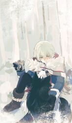 1boy absurdres ahoge alyosha_(genshin_impact) animal animal_ears animal_focus animal_nose bare_tree black_fur black_pants black_shirt blue_jacket blush boots branch brown_boots cape closed_mouth commentary cup day dog dog_ears dog_tail earmuffs feet_out_of_frame forest freckles fur-trimmed_boots fur-trimmed_cape fur_trim genshin_impact green_hair hair_between_eyes hand_up highres holding holding_cup hood hooded_cape husky jacket long_sleeves looking_at_animal looking_down male_focus nature outdoors pants pet petting shadow shirt short_hair sitting sky smile snow spread_legs steam tail tea tree tugarin_(genshin_impact) turtleneck turtleneck_shirt two-tone_fur untranslatable_commentary uu6224468930649 white_cape white_fur white_sky winter yellow_eyes 