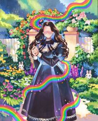  1girl :< black_dress brown_hair commentary dress english_commentary facing_viewer fence flower highres juliet_sleeves long_hair long_sleeves magic:_the_gathering no_eyes no_mouth official_art outdoors puffy_sleeves rainbow rian_gonzales solo sparkle star_(symbol) 