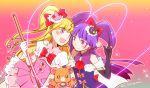  2girls :d asahina_mirai bear black_gloves black_hat blonde_hair blush bow cowboy_shot creature cure_magical cure_miracle eye_contact gloves hair_bow hairband half_updo hat izayoi_liko long_hair looking_at_another mahou_girls_precure! mini_hat mini_witch_hat mofurun_(mahou_girls_precure!) multiple_girls open_mouth pink_background pink_bow pink_eyes pink_hat pink_skirt ponytail precure purple_hair red_bow sekihara_umina skirt smile violet_eyes white_gloves witch_hat 