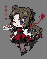  1girl animal_ears bag bear_ears black_shoes blush_stickers borscht_(food) commentary dress frilled_dress frills full_body gloves grey_gloves handbag heart holding holding_bag limbus_company looking_at_viewer official_art one_eye_closed open_mouth parted_bangs project_moon red_dress rodion_(project_moon) shoes smile solo untranslatable_commentary 
