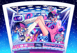  animal_ear_headphones animal_ears blue_ribbon cat_ear_headphones cat_ears chibi commentary_request controller crane_game fake_animal_ears game_controller headphones highres jacket kneehighs original pink_jacket ribbon sitting skirt socks star_(sky) star_(symbol) vending_machine white_socks your3353 