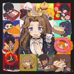  1other 6+boys 6+girls :3 animalization black_choker black_forest_cake black_hair bow brown_hair cake cake_slice choker collared_shirt croissant crown dante_(limbus_company) date_(fruit) don_quixote_(project_moon) doner_kebab doughnut eating faust_(project_moon) fish_(food) fish_and_chips flaw_eight food french_fries fried_fish green_eyes gregor_(project_moon) hair_bow heathcliff_(project_moon) highres hong_lu_(project_moon) ishmael_(project_moon) limbus_company long_hair meursault_(project_moon) mochi multiple_boys multiple_girls namagashi open_mouth orange_hair outis_(project_moon) pretzel project_moon rodion_(project_moon) ryoshu_(project_moon) shirt sinclair_(project_moon) smile sonya_(project_moon) steamed_bun very_long_hair white_bow white_shirt yi_sang_(project_moon) 