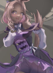  1girl absurdres animal_ears bare_shoulders blonde_hair blush bow bowtie breasts dress ear_covers gloves grey_bow grey_bowtie highres horse_ears horse_girl horse_tail long_sleeves looking_at_viewer medium_breasts narita_top_road_(the_proud_road)_(umamusume) narita_top_road_(umamusume) open_mouth pen_gorou purple_dress short_hair single_ear_cover solo tail umamusume violet_eyes 