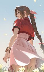  1girl absurdres aerith_gainsborough arms_at_sides bracelet braid brown_hair closed_mouth commentary cowboy_shot cropped_jacket day dress falling_petals final_fantasy final_fantasy_vii flower from_behind green_eyes hair_ribbon highres jacket jewelry multiple_bracelets outdoors petals pink_dress pink_ribbon profile red_jacket red_lips ribbon short_sleeves solo very_long_braid white_flower yllande 