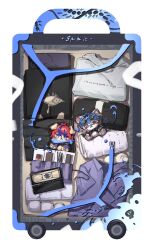  1lijin 2boys animalization black_haori blue_hair blue_shirt blue_streaks cat collared_shirt english_text eye_print eyepatch floppy_ears folded_clothes haori highres hood hoodie japanese_clothes makeup_brush multicolored_hair multiple_boys omokage_yugamu print_eyepatch red_hair rolling_suitcase shirt simple_background socks streaked_hair suitcase sumino_takumi the_hundred_line_-last_defense_academy- towel wallet white_background white_hoodie white_socks 