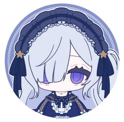  1girl artist_request blue_dress blue_hairband border bow chibi chibi_only copyright_notice crescent crescent_necklace dress frilled_hairband frills gothic_lolita hair_ornament hair_over_one_eye hairband highres jewelry lolita_fashion lolita_hairband long_hair looking_at_viewer mahou_shoujo_no_majo_saiban natsume_an-an necklace no_mouth official_art profile_picture ribbon round_border sleeve_bow solo violet_eyes white_hair 