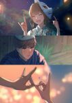  1boy 1girl :d absurdres blurry blurry_background brown_hair closed_eyes festival floral_print fox_mask fox_shadow_puppet highres index_finger_raised japanese_clothes kimono macaronk mask mask_on_head night night_sky original outdoors sky smile upper_body 