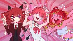  >_< 3girls @_@ afterimage ahoge angry arms_up aroused bandeau bare_shoulders bastta black_choker black_horns black_vest blue_gem blush_stickers bow bowtie bracelet breasts camera_girl_(synthesizer_v) choker collared_shirt colorful_background double-parted_bangs drill_hair gem gold_bracelet hair_between_eyes hair_jewelry heart highres holding holding_another's_arm holding_another's_wrist holding_ice_cream_cone holding_phone horns ice_cream_cone infinity_symbol jacket jewelry kasane_teto lapels long_sleeves looking_at_another loose_bowtie medium_hair melting_ice_cream middle_part multiple_girls necktie notched_lapels open_clothes open_jacket parted_bangs pendant_choker phone pink_bow pink_bowtie red_eyes red_hair red_jacket red_nails red_necktie shirt shokei_hakushu_(synthesizer_v) shounin_shite_kudasai_genie-san!_(synthesizer_v) shouting sidelocks sleeveless sleeveless_shirt small_breasts smile smug star_(symbol) strapless tube_top twin_drills upper_body utau v vest white_shirt 