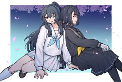  2girls aimono_muki aqua_eyes black_eyes black_hair black_serafuku black_shirt black_skirt cherry_blossoms commentary genderswap genderswap_(mtf) half_updo heterochromia highres hong_lu_(project_moon) hongyuan_(identity)_(project_moon) limbus_company low_ponytail medium_hair multiple_girls open_mouth ponytail project_moon romaji_commentary ryoshu_(project_moon) school_uniform serafuku shirt skirt smile socks white_serafuku white_shirt white_skirt white_socks 