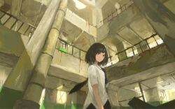  1girl bird_wings black_hair building closed_mouth commentary_request expressionless fjsmu highres indoors medium_hair missing_headwear railing red_eyes scenery shameimaru_aya shirt short_sleeves solo touhou upper_body white_shirt wings 