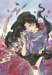  1girl black_hair blue_eyes blue_sailor_collar blue_serafuku blue_shirt blue_skirt brown_lips card diamond_wa_kudakenai floral_print flower highres holding jojo_no_kimyou_na_bouken long_hair looking_at_viewer makeup neckerchief painting_(medium) peach_momoko petals purple_neckerchief red_flower red_rose rose rose_petals sailor_collar school_uniform serafuku shirt short_sleeves skirt solo third-party_source traditional_media very_long_hair watercolor_(medium) wavy_hair yamagishi_yukako 