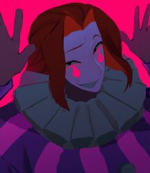  1boy ace_attorney ace_attorney_investigations ace_attorney_investigations_2:_prosecutor's_gambit aqua_tongue black_eyes clown commentary_request facepaint fang furrowed_brow hands_up happy highres korean_commentary long_hair long_sleeves neck_ruff pink_background purple_shirt red_hair saman_zero7 shirt simeon_saint simple_background solo striped_clothes striped_shirt teardrop upper_body vertical-striped_clothes vertical-striped_shirt 
