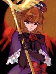  1girl abstract_background black_background black_bow black_gloves black_hat blue_eyes bob_cut bow bowtie capelet chinese_commentary commentary_request dress dress_bow eva_beatrice flower frilled_capelet frills gloves hat hat_flower highres holding holding_staff looking_at_viewer orange_hair purple_capelet purple_dress red_bow red_flower red_rose rose smile staff umineko_no_naku_koro_ni upper_body zai_fu_xie 