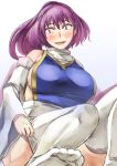  1girl bare_shoulders breasts crop_top detached_sleeves fangs large_breasts long_hair looking_at_viewer open_mouth ponytail purple_hair red_eyes smile solo thigh-highs thighhighs_pull touhou white_legwear wide_sleeves yasaka_kanako yohane 