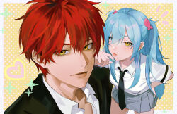 1boy 1girl absurdres akabane_karma ansatsu_kyoushitsu aqua_nails asha_zahard black_necktie blue_eyes blue_hair collared_shirt commentary_request fish_hair_ornament grey_skirt hair_between_eyes hair_ornament hand_on_own_hip heart heterochromia highres kunugigaoka_middle_school_uniform necktie oc_x_canon original polka_dot polka_dot_background red_eyes school_uniform shirt skirt twintails white_shirt yellow_eyes 