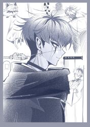 1boy 1lijin animalization antenna_hair cat choker commentary_request diving_suit eye_print eyepatch face_piercing from_behind from_side haori highres japanese_clothes labret_piercing leaning_on_wall makeup male_focus monochrome multiple_views omokage_yugamu person_and_animalization piercing pill pointy_ears print_eyepatch rope solo the_hundred_line_-last_defense_academy- 