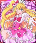  1girl ;d asahina_mirai blonde_hair blush cure_miracle gloves hat kayama_kenji long_hair magical_girl mahou_girls_precure! one_eye_closed open_mouth precure side_ponytail smile solo white_gloves witch_hat 
