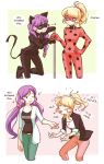  2girls 2koma ayase_eli blonde_hair chat_noir chat_noir_(cosplay) comic commentary cosplay crossover earrings english female highres ladybug_(character) ladybug_(character)_(cosplay) love_live!_school_idol_project miraculous_ladybug multiple_girls multiple_persona purple_hair stitched tagme toujou_nozomi veebu 