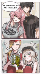  2boys 2girls aemeath_(wuthering_waves) alternate_costume apron atiarta7 black_hair black_hat black_shirt blonde_hair brown_hair closed_mouth commentary cristoforo_(wuthering_waves) english_text excuse_me_he_asked_for_no_pickles_(meme) green_eyes grey_hoodie hair_ornament hat highres holding holding_jar hood hoodie jar long_hair male_rover_(wuthering_waves) meme multiple_boys multiple_girls nivora_(wuthering_waves) pickle pink_hair rover_(wuthering_waves) shirt smile smug untranslatable_commentary wuthering_waves yellow_eyes 