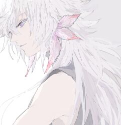  1boy commentary_request earrings fate/grand_order fate_(series) hair_between_eyes highres jewelry long_hair male_focus merlin_(fate) negi0084 parted_lips profile shirt simple_background sleeveless sleeveless_turtleneck solo turtleneck upper_body violet_eyes white_background white_hair 