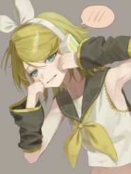  1girl aqua_eyes armpits black_sailor_collar black_sleeves blonde_hair bow breasts cheek_pull detached_sleeves grey_background hair_bow hair_ornament hairclip headphones highres kagamine_rin looking_at_viewer neckerchief open_mouth phyordi_9y9 sailor_collar shirt short_hair simple_background sleeveless sleeveless_shirt small_breasts speech_bubble spoken_blush treble_clef upper_body vocaloid white_bow white_shirt yellow_neckerchief yellow_trim 