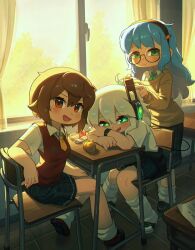  3girls absurdres aqua_eyes aqua_nails artist_name bare_arms bare_legs beads black-framed_eyewear black_hairband black_skirt blue_hair borrowed_character brown_hair candy_snail_(porforever) chair classroom commentary curtains dated desk digitan_(porforever) english_commentary fang glasses green_eyes hair_beads hair_between_eyes hair_ornament hairband hairdressing hand_on_own_knee highres indoors kuruna_(pixel_princess_blitz) light_blush lightning_bolt_symbol long_hair long_sleeves looking_at_viewer loose_socks multiple_girls nail_polish necktie original pixel_princess_blitz plaid_clothes plaid_skirt porforever red_eyes red_sweater_vest robot_ears school_chair school_desk school_uniform semi-rimless_eyewear shirt shoes short_hair short_necktie short_sleeves side_ponytail sitting skirt socks standing star-shaped_pupils star_(symbol) sweater sweater_vest symbol-shaped_pupils tail tile_floor tiles under-rim_eyewear watch watch white_hair white_shirt white_socks window yellow_necktie yellow_sweater 