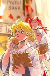  2boys absurdres ahoge bag bakumatsu_rouman blonde_hair blurry blurry_background cameo casual collared_shirt commentary_request cookie crossover day eating english_text fatal_fury food garou:_mark_of_the_wolves headband highres holding holding_bag holding_cookie holding_food kaede_(bakumatsu_rouman) long_hair long_sleeves looking_up male_focus minakata_moriya multiple_boys okm181 parted_bangs ponytail red_eyes red_hair shirt snk upper_body white_shirt wide_sleeves yellow_headband 