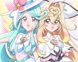  2girls antenna_hair bare_shoulders blonde_hair blue_hair blush bow brooch capelet commentary crop_top cure_arcana_(future_form) cure_eclair_(future_form) dress earrings frilled_capelet frilled_cuffs frills gradient_hair hair_intakes hair_ornament hat hat_ornament heart heart_brooch highres howa_kurea jewelry large_bow long_hair looking_at_viewer magical_girl meitantei_precure! midriff moria_luluka multicolored_hair multiple_girls open_mouth precure ribbon smile stomach sumicha_illust sun_hat untranslatable_commentary upper_body veil very_long_hair violet_eyes white_capelet white_hat white_veil winged_heart wrist_cuffs 