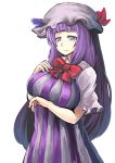  1girl bangs blue_ribbon blunt_bangs bow bowtie breast_hold breasts capelet dress frilled_dress frills hat hat_ribbon highres hitotsuki_nebura large_breasts long_hair looking_at_viewer mob_cap nail_polish pajamas patchouli_knowledge purple_hair purple_nails red_bow red_ribbon ribbon solo striped striped_dress touhou very_long_hair violet_eyes white_background 