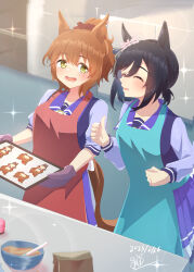  2girls absurdres animal_ears apron aston_machan_(umamusume) black_hair blue_apron blush bow breasts brown_hair character-themed_food closed_eyes cookie ear_scrunchie eishin_flash_(umamusume) food green_eyes hair_between_eyes highres holding holding_tray horse_ears horse_girl horse_tail large_breasts long_sleeves mashiroken07 medium_hair multiple_girls open_mouth ponytail purple_sailor_collar purple_serafuku purple_shirt purple_skirt red_apron sailor_collar sailor_shirt school_uniform scrunchie serafuku shirt short_hair skirt smile swept_bangs tail teeth tracen_school_uniform tray umamusume white_scrunchie 