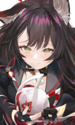  1girl amashirofumi animal_ear_fluff animal_ears black_gloves black_hair black_kimono black_nails blue_archive blush closed_mouth colored_inner_hair commentary_request fingerless_gloves fox_ears fox_girl fox_mask gloves grey_sailor_collar halo highres holding holding_mask japanese_clothes kimono long_hair mask multicolored_hair partial_commentary red_hair red_halo sailor_collar smile solo two-tone_hair wakamo_(blue_archive) yellow_eyes 