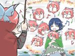  2girls blue_hair blush bow cink-knic closed_eyes conductor disembodied_head drill_hair hair_bow happy head_fins japanese_clothes kimono mermaid monster_girl multiple_girls red_eyes redhead sekibanki short_hair simple_background singing sitting sketch smile stick touhou wakasagihime yawning 