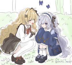  2girls :d ^_^ artist_name black_shoes blonde_hair blue_jacket bow braid bug butterfly closed_eyes closed_mouth commentary_request cross-laced_clothes cross-laced_sleeves frilled_skirt frilled_sleeves frills grass hair_bow hair_over_one_eye highres jacket jacket_partially_removed long_hair long_sleeves mahou_shoujo_no_majo_saiban multiple_girls natsume_an-an off_shoulder official_alternate_costume one_eye_covered open_mouth orange_background puku_mnsb purple_butterfly purple_shirt saeki_miria shirt shoes signature sitting skirt sleeves_past_fingers sleeves_past_wrists smile socks squatting suspender_skirt suspenders thigh-highs twitter_username violet_eyes white_hair white_shirt white_socks white_thighhighs 