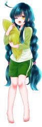  1girl absurdres ahoge barefoot blue_hair blunt_bangs braid edomura_niniko feet full_body green_shorts green_sleeves highres incredibly_absurdres long_hair long_sleeves official_art one_eye_closed open_mouth pea_pod shirt shorts sidelocks simple_background solo standing toes touhoku_zunko transparent_background twin_braids very_long_hair voiceroid white_shirt yawning yellow_eyes 