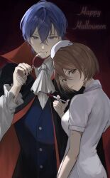  1boy 1girl alternate_costume ascot black_cape black_nails blue_eyes blue_hair blue_vest breasts butonsiki cape collared_shirt commentary cup dress dress_shirt drinking_glass gradient_background hair_between_eyes halloween halloween_costume happy_halloween hat height_difference high_collar highres holding holding_cup holding_syringe kaito_(vocaloid) medium_breasts meiko_(vocaloid) nail_polish nurse nurse_cap raised_eyebrows red_background shirt short_sleeves syringe vampire_costume vest vocaloid waistcoat white_ascot white_dress white_headdress white_shirt wine_glass yukihira_makoto 
