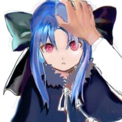  1girl arc52088 black_bow black_capelet black_dress blue_hair bow capelet commentary_request dress fur-trimmed_capelet fur_trim hair_bow half_updo headpat len_(tsukihime) long_hair long_sleeves looking_at_viewer pointy_ears pov pov_hands red_eyes solo tsukihime upper_body 