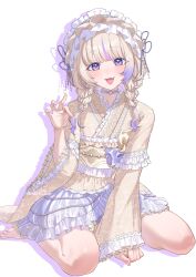  1girl :d absurdres barefoot blonde_hair blunt_bangs braid choker commentary_request flat_chest frilled_choker frilled_kimono frilled_skirt frills full_body hairband hand_up heart heart_o-ring highres holding_own_hair hololive hololive_dev_is japanese_clothes kimono lace-trimmed_kimono lace_trim lolita_hairband long_hair looking_at_viewer low_twin_braids miniskirt multicolored_hair o-ring o-ring_choker open_mouth purple_choker purple_hair purple_skirt purple_streaks simple_background sitting skirt smile solo streaked_hair toa_inusuki todoroki_hajime todoroki_hajime_(new_year) toes twin_braids violet_eyes virtual_youtuber wariza white_background white_kimono wide_sleeves 