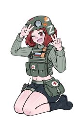  1girl absurdres bag belt_bag black_boots black_shorts blush body_armor boots buhanka-chan commission commissioner_upload double_v fang fluffkaiser green_helmet green_sweater helmet highres kneeling looking_at_viewer midriff military_medic navel non-web_source one_eye_closed open_mouth original radio red_cros red_eyes red_hair ribbed_sweater russian_flag russian_ground_forces russo-ukrainian_war scissors short_shorts shorts smile solo sticker sticker_on_helmet sweater thigh_strap tongue tourniquet transparent_background v z_(russian_symbol) 