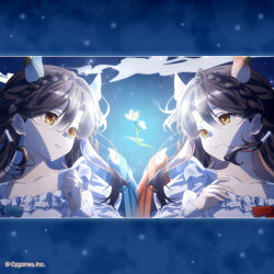  2girls album_cover brown_eyes brown_hair company_name copyright_notice cover cygames dragon_girl dragon_horns dragon_wings dress english_text floating_hair flower highres horns lind_(princess_connect!) logo looking_at_another multiple_girls official_alternate_costume official_art princess_connect! side-by-side upper_body white_dress wings wurm_(princess_connect!) 