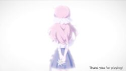  1girl arms_behind_back blue_skirt english_text facing_away flower game_asset hair_ribbon highres holding holding_flower long_hair non-web_source pink_hair ribbon self-datamine shiro_(the_seven_days_i_spent_with_you) shirt simple_background skirt solo the_seven_days_i_spent_with_you variant_set white_background white_ribbon white_shirt 