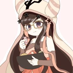  1girl black_eyes black_hair blush bowl candy closed_mouth commentary_request food glasses hair_ornament highres holding holding_bowl holding_candy holding_food hood long_hair magical_girl mahou_shoujo_ikusei_keikaku mahou_shoujo_ikusei_keikaku_limited pink_background pity_frederica star_(symbol) star_hair_ornament v8y_vkaname 