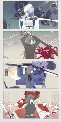  absurdres araya_(project_moon) black_gloves black_hair black_kimono black_track_suit blue_streaks blue_suit e.g.o_(project_moon) expressionless floral_background forest_for_the_flames_(e.g.o) from_side gloves haori highres holding holding_sword holding_weapon japanese_clothes katana kimono limbus_company mother_and_child mother_and_daughter multicolored_hair necktie obi obijime parent_and_child project_moon renketsuen_(e.g.o) ryoshu_(project_moon) sash see-through_clothes see-through_veil sheath shiomi_yoru_(project_moon) standing streaked_hair suit sword track_suit unsheathing veil weapon white_gloves white_kimono wu_shan_yaoye 