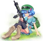  1girl ass backpack bag belt black_legwear blue_eyes blue_hair blush boots cross-laced_footwear full_body gun hair_bobbles hair_ornament hat highres kawashiro_nitori key lace-up_boots looking_at_viewer midriff navel open_mouth rifle ruku_rx short_sleeves sitting skirt smile solo string sunglasses thigh-highs touhou twintails weapon 