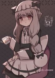  1girl apron blonde_hair braid commentary_request cup drinking_glass hat highres holding holding_cup long_hair magical_girl mahou_shoujo_ikusei_keikaku mahou_shoujo_ikusei_keikaku_restart maid nokko-chan red_eyes rocks_glass sitting twin_braids v8y_vkaname 