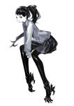  1girl greyscale long_hair mechanical_legs monochrome original own_hands_together ponytail pump_(artist) school_uniform scrunchie simple_background sitting skirt solo spot_color white_background 